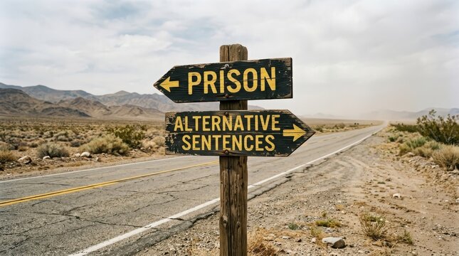 Road sign in a desert landscape with directions to prison and alternative sentences