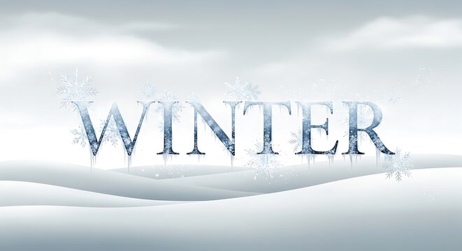 Winter season typography banner with frozen icy letters and snowy landscape