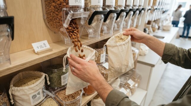 Customer filling reusable bag with almonds from bulk dispenser in zero waste store