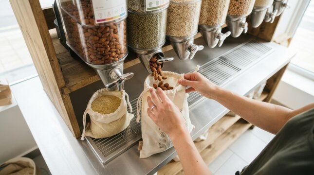 Customer filling reusable bag with almonds from bulk dispenser