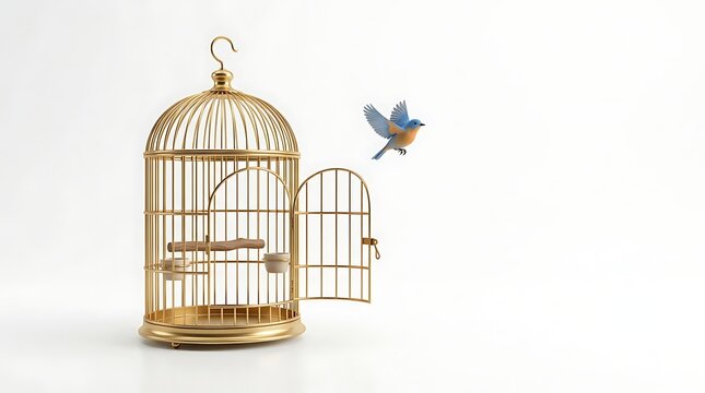 Open bird cage symbolizing freedom and success isolated white background illustration