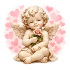 Obraz premium Cherubic angel statue holding a rose, surrounded by pink hearts.