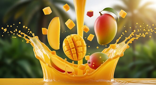 Fresh mango juice pouring with splashing liquid and tropical fruit pieces