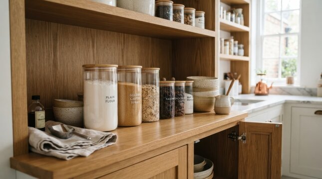 Organized kitchen pantry with glass jars filled with baking ingredients and dry goods