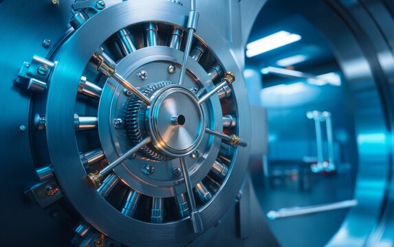 Close-up of secure metal vault door with complex locking mechanism in bank