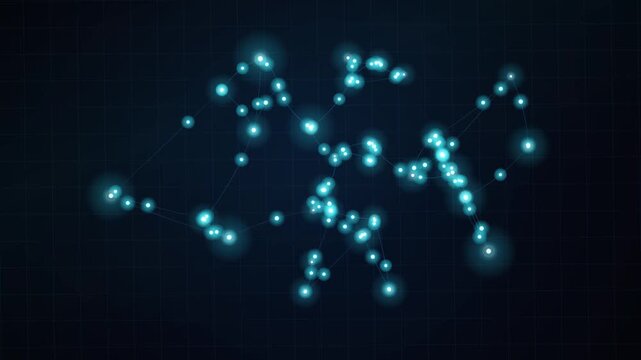 Glowing blue neon constellation map and technology network nodes on dark background representing data science and cyberspace connections