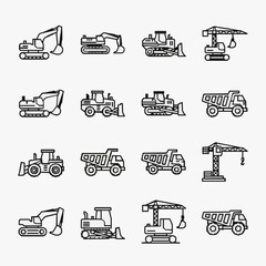Professional Black and White Line Drawing Set of Heavy Construction Equipment Icons for Website or Presentation © Nasiril