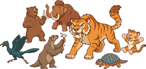 Fototapeta premium Prehistoric ice age animals collection including saber toothed tiger mammoth glyptodont sloth and cave bear vector set