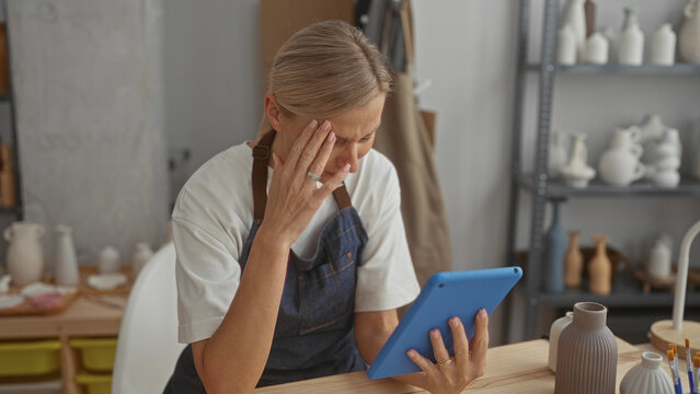 Woman artisan, middle age blonde, holds blue tablet and touches forehead for headache amid ceramic vases on shelf in pottery studio; concern resilience.