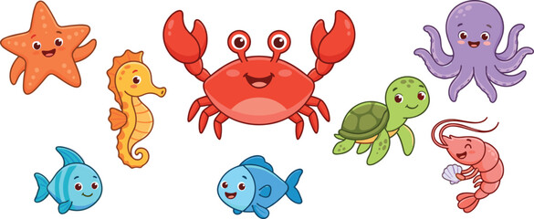 Cute cartoon sea animals set including crab turtle octopus shrimp seahorse starfish and tropical fish vector illustration © MdNipon