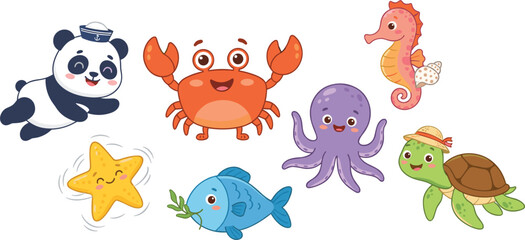 Cute cartoon sea animals set including sailor panda crab turtle octopus seahorse starfish and fish vector illustration © MdNipon