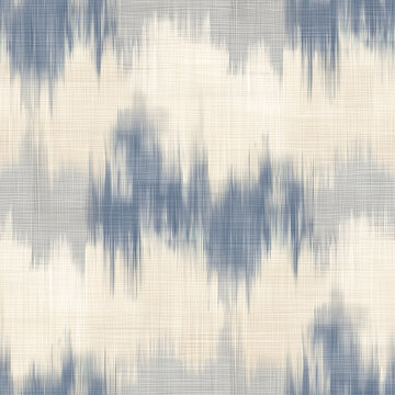Seamless Soft Blue and Cream Ikat Pattern with Blurred Vertical Brush Waves and Subtle Woven Textile Texture