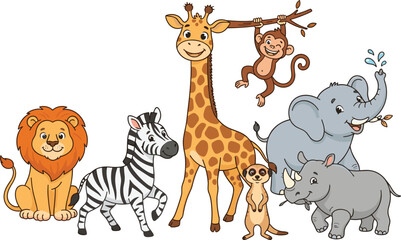 Cute cartoon safari animals set including giraffe lion elephant zebra rhino monkey and meerkat vector illustration isolated © MdNipon