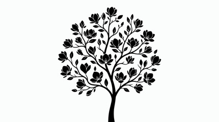 Black Silhouette Magnolia Tree with Flowers and Leaves on White Background © illustration