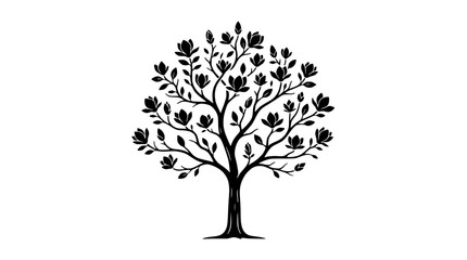 Black silhouette of a blooming magnolia tree with many flowers and leaves on a white background © illustration