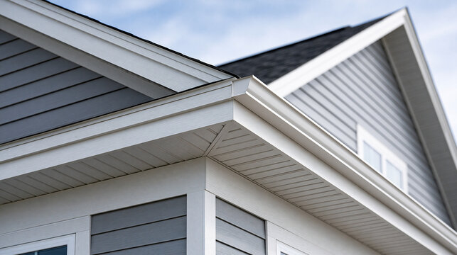 Close-up of modern house exterior with white fascia, soffit, gutters, and grey siding. Ideal for architectural and home improvement concepts.