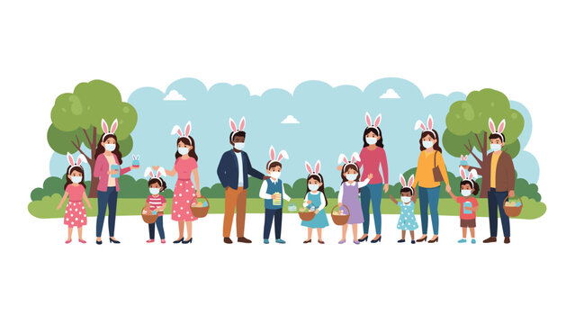 Diverse group of families wearing easter bunny ears and medical face masks while celebrating easter egg hunt in a park.