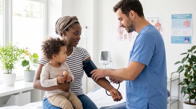 Nurse Measuring Blood Pressure of Young Mother Holding Toddler During Primary Care Checkup