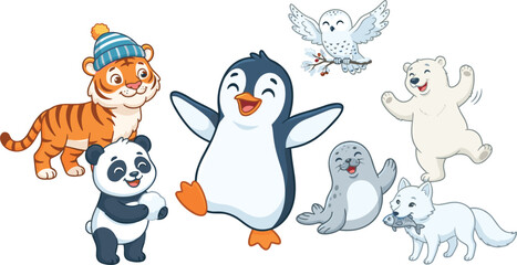 Cute cartoon winter animals including penguin polar bear tiger panda and arctic fox character vector illustration set © MdNipon