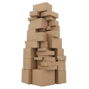 Tall tower or pillar of stacked various-sized brown cardboard shipping boxes