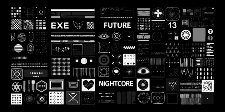 Collection Of White Vector Graphic Elements On Black Background Cyberpunk Y2k Style abstract