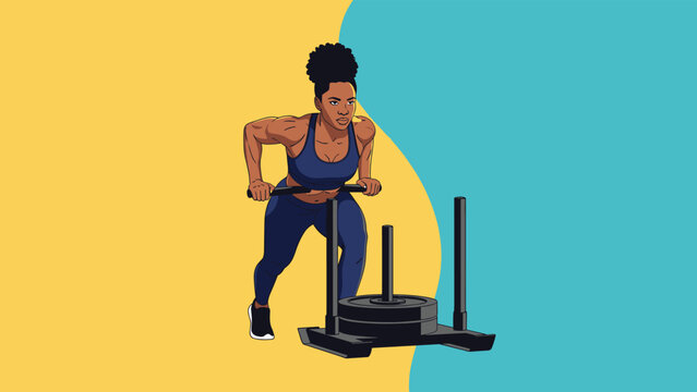Determined athletic woman pushing a heavy weighted sled during an intense cross training workout in the gym.