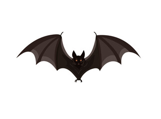 Fototapeta premium Simple flat vector illustration of a flying black bat with outstretched wings, glowing eyes, and spooky Halloween style, isolated on a white background for horror and gothic designs.
