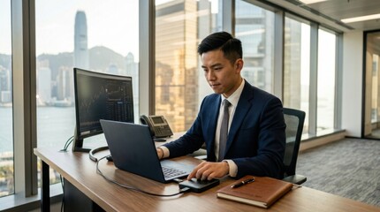 Obraz premium Asian businessman in suit working on laptop with stock market charts on screen