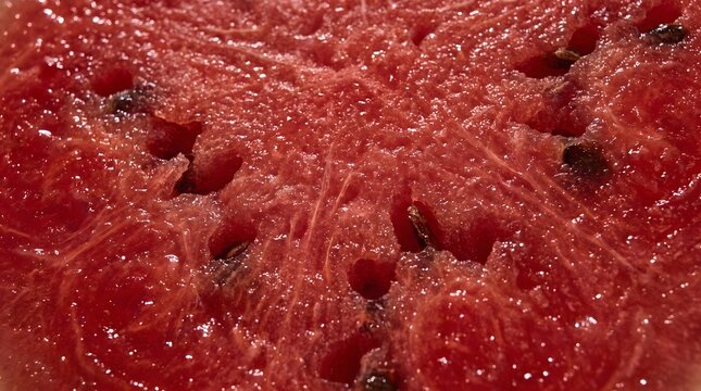 Close up macro texture of ripe red watermelon flesh with seeds