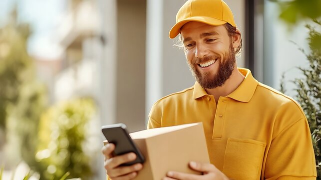 Smiling express delivery courier checking e-commerce order on smartphone while holding package outdoors