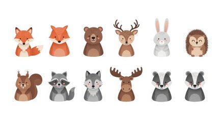 Fototapeta premium Cute Forest Animal Characters Set - Vector Illustration of Fox, Bear, Deer, Rabbit, Hedgehog, Squirrel, Raccoon, and Wolf