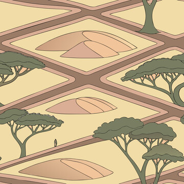 Pattern, vector, graphic, rice fields, vegetable gardens, pastures, agricultural sector, grass, bushes, beds, haystacks, lines, intersections, structure, view, seamless pattern, print, wallpaper