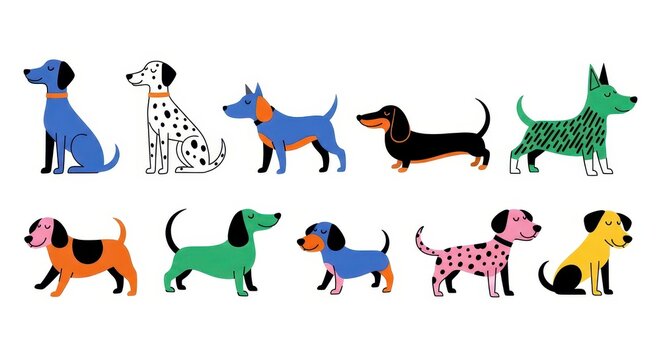 Set of Colorful Cartoon Dogs Illustration Isolated on White Background - Various Breeds and Patterns