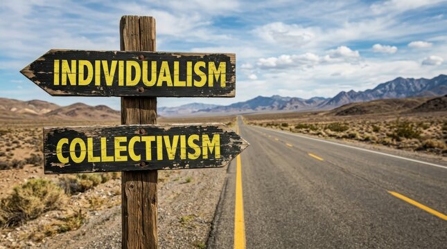 Wooden signpost with individualism and collectivism directions on a desert road