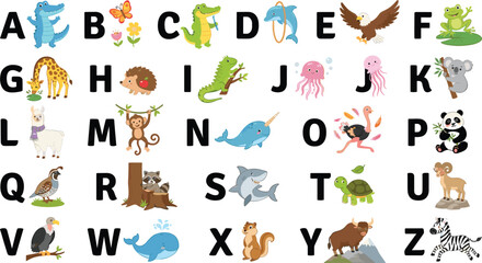 Obraz premium Cute animal alphabet vector set for kids education featuring cartoon characters from A to Z on white