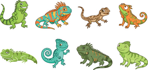 Fototapeta premium Cute cartoon lizard vector characters set including colorful iguana gecko chameleon and tropical reptiles isolated on white