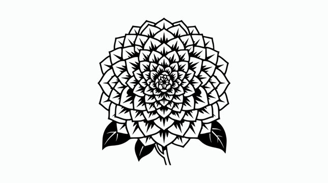 Intricate black and white mandala flower design with leaves, geometric pattern, ornamental