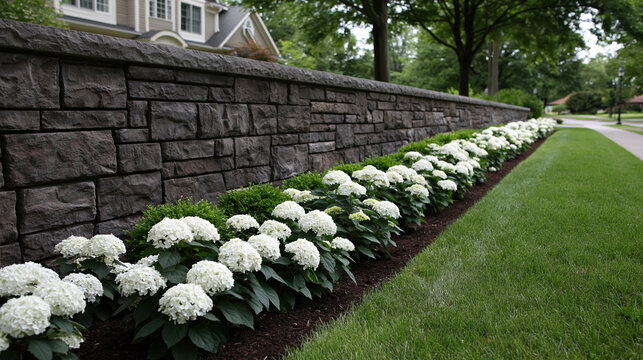 A neat stone retaining wall alongside a residential pathway with lush white hydrangea flowers and green grass. Perfect for landscaping and garden design inspiration.