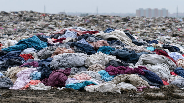 A massive pile of discarded clothing in a landfill represents the environmental crisis of textile waste. Conceptual image for fast fashion pollution and recycling issues.