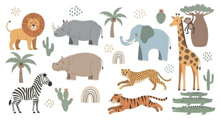 Obraz premium Cute Safari Animals Collection for Nursery - Hand Drawn Wild Animal Illustrations with Lion, Elephant, Giraffe, and Zebra