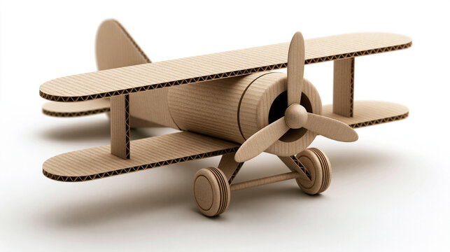 A handmade cardboard airplane toy isolated on white background. Creative craft concept for children education.