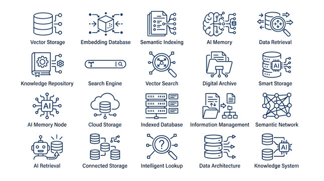 Collection of technology icons representing data management and artificial intelligence concepts.