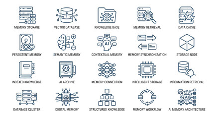 Collection of technology icons representing data storage and memory concepts. © Yundha