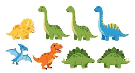 Fototapeta premium Cute Cartoon Dinosaur Collection Set with T-Rex, Triceratops, Stegosaurus, Brachiosaurus and Pterodactyl Vector Illustration