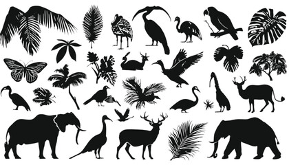 Obraz premium Tropical jungle animals silhouettes feature exotic birds and wild beasts in a decorative flat set.