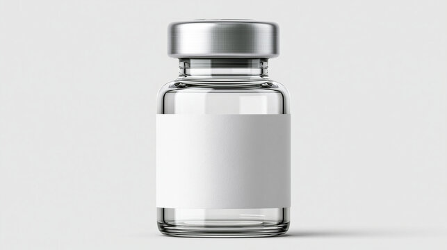 A glass medical vial with a blank white label isolated on white background. Perfect for pharmaceutical and healthcare product packaging mockups.