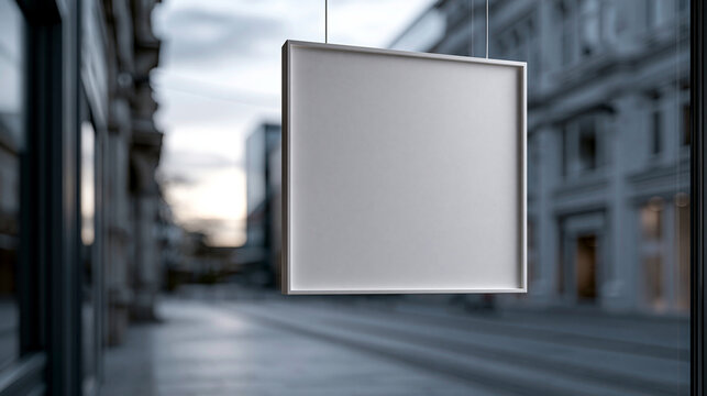 A blank square hanging sign mock-up in a city storefront window, ideal for business branding. Perfect template for custom graphic design and retail advertising.