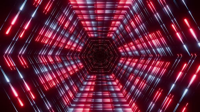 Dynamic seamless loop animation of neon red and cyan glowing dots forming a geometric hexagon tunnel, cyber gaming laser beam backdrop 3d render