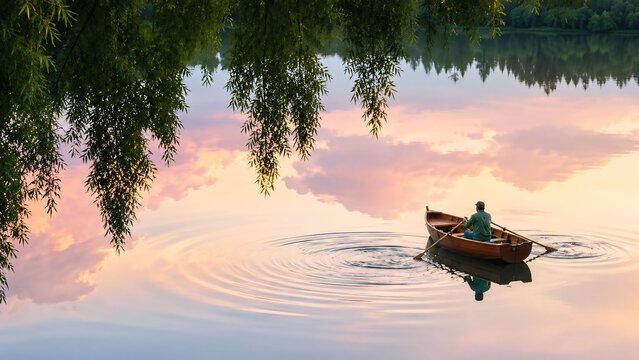 Peaceful Wooden Rowboat on Calm Lake at Dreamy Sunset Reflection