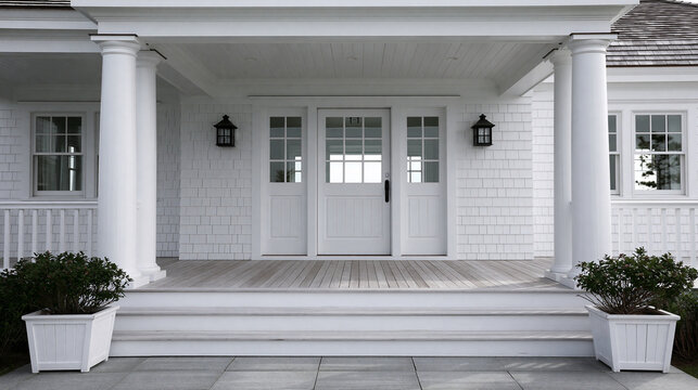 A charming white coastal front porch with classic columns, potted plants, and sidelights. Perfect for real estate and home design concepts.